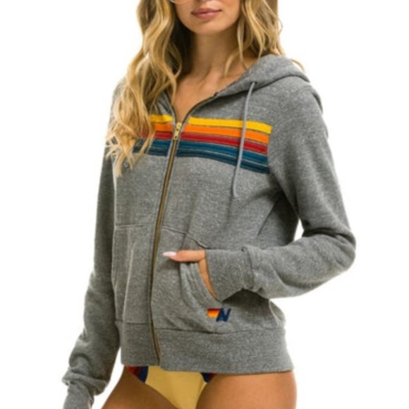NEW Aviator Nation 5 Stripe Zip Hoodie Sweatshirt Medium Heather Grey $196 msrp - Picture 2 of 3
